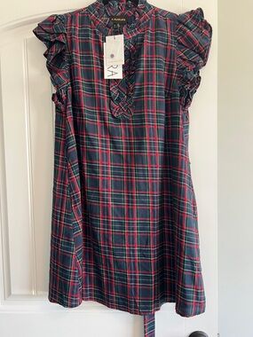 Sugarlips Navy, Red and Green Plaid Ruffle Sleeve Dress